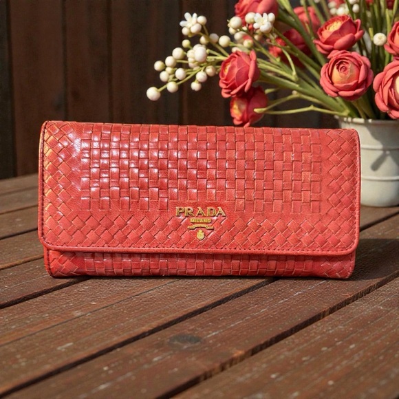 Prada Handbags - Prada Madras Intrecciato Rosso Long Wallet w/ Removable ID Card Holder (A194)